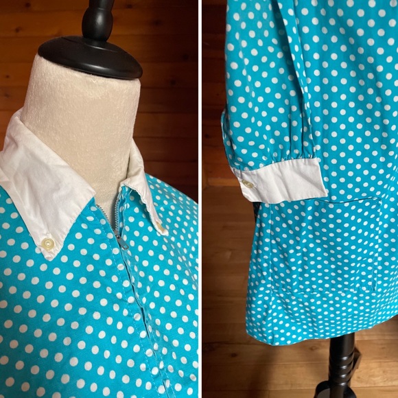 Vintage 60s 70s Blue Polka Dot Zip Front Dress ILGWU Mini Dress XS Small - Picture 3 of 6